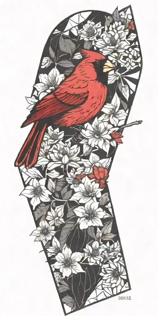 the lower half has a bright red cardinal and the background being black out geometric design that fades into flowers tattoo design idea