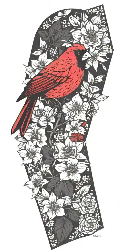 the lower half has a bright red cardinal and the background being black out geometric design that fades into flowers tattoo design idea