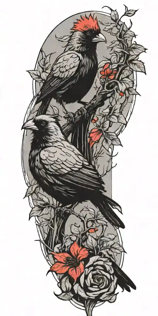 plants intertwined with a bright red Cardinal and a big raven on the top to end it tattoo design idea