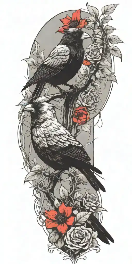 plants intertwined with a bright red Cardinal and a big raven on the top to end it green plants  tattoo design idea