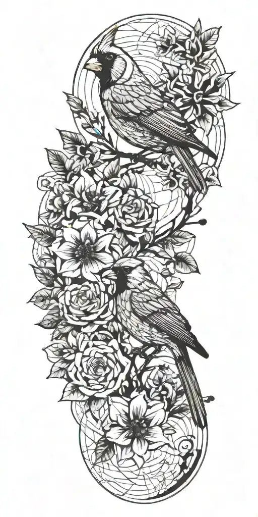 the lower half has a bright red cardinal and the background being black out geometric design that fades into flowers tattoo design idea