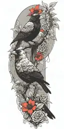 plants intertwined with a bright red Cardinal and a big raven on the top to end it green plants  tattoo design idea