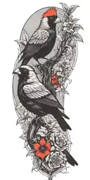 plants intertwined with a bright red Cardinal and a big raven on the top to end it green plants  tattoo design idea