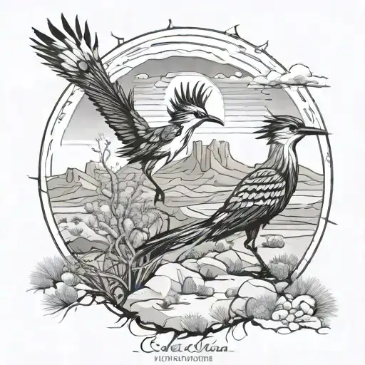 create a black and white tattoo design featuring a circular desert landscape with mountains, tumbleweeds, and roadrunner tattoo design idea