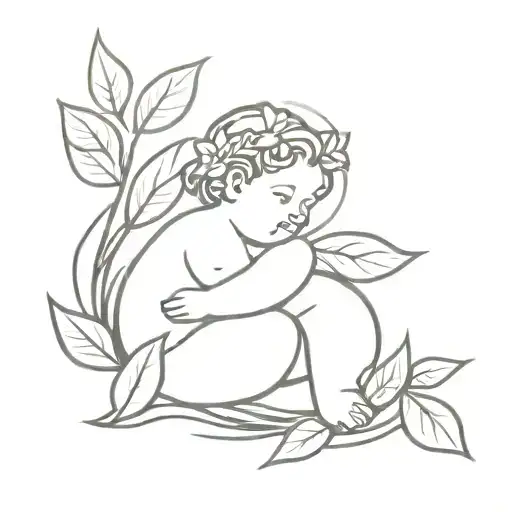 Garden of Eden with Chubby cherub and foliage  tattoo design idea