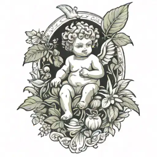 Garden of Eden with Chubby cherub and foliage  tattoo design idea