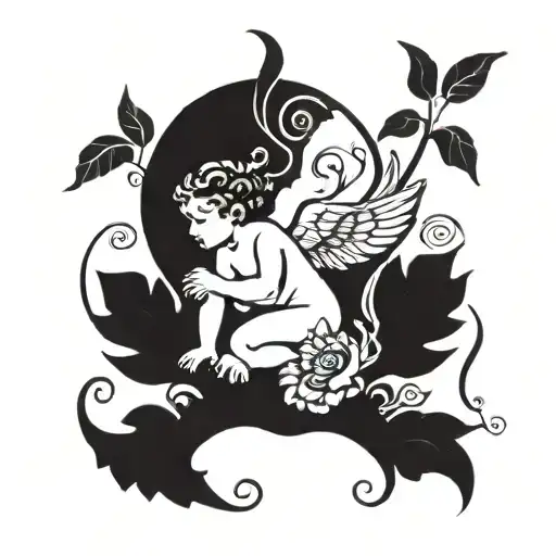 Garden of Eden with Chubby cherub and foliage  tattoo design idea