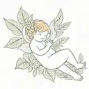 Garden of Eden with Chubby cherub and foliage  tattoo design idea