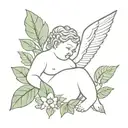 Garden of Eden with Chubby cherub and foliage  tattoo design idea