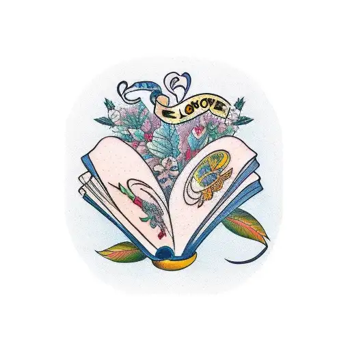 A tattoo representing the love for learning, with an open book adorned with intricate botanical illustrations tattoo design idea