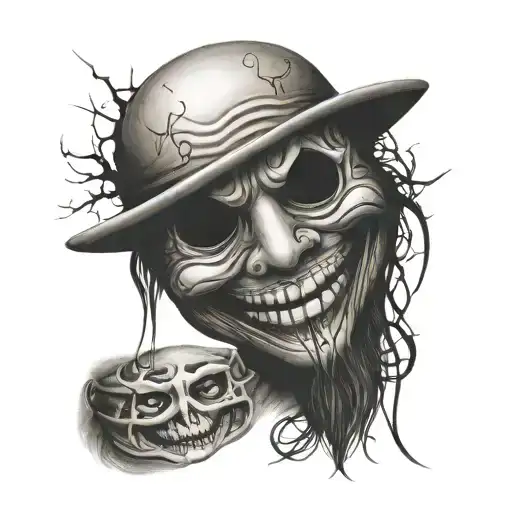 sad smiley with a happy mask half way on his face tattoo design idea