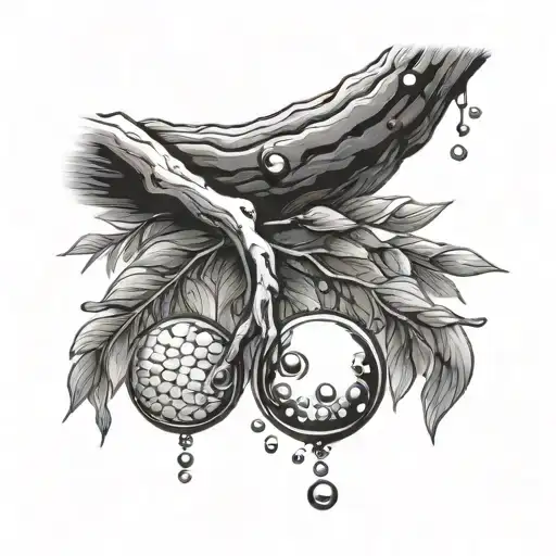 willow tree branch with bubbles a acorn and a slab of wood with a twig growing out of it  tattoo design idea