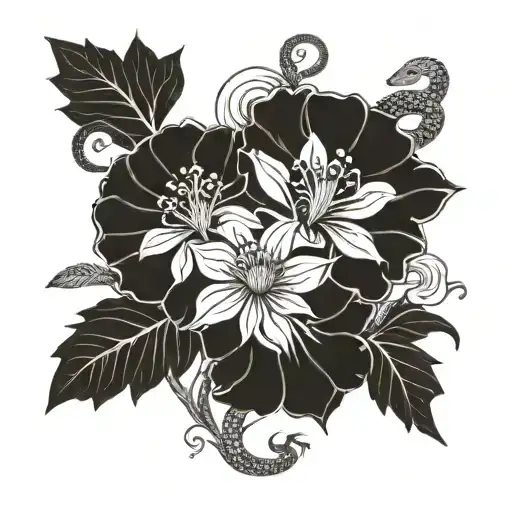 cosmos, marigold, violets and primrose flowers with snake laying in them tattoo design idea