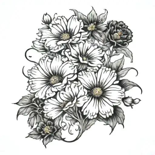 cosmos, marigold, violets and primrose flower bed with Snake  tattoo design idea