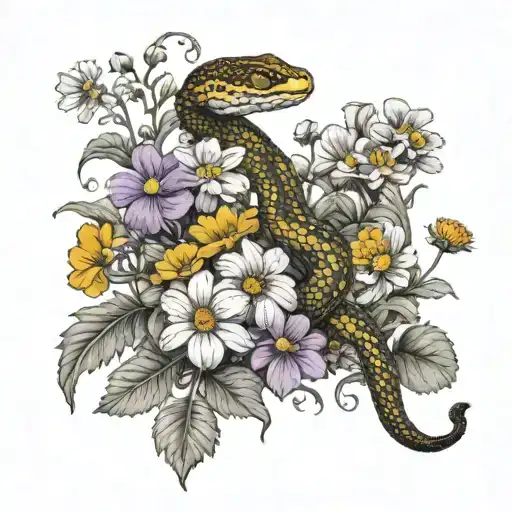 cosmos, marigold, violets and primrose flower bed with Snake  tattoo design idea
