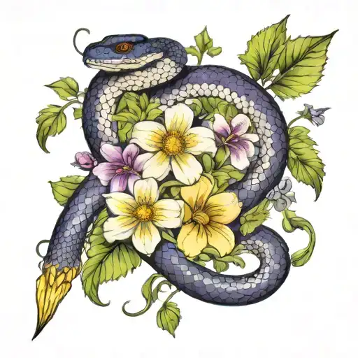 cosmos, marigold, violets and primrose flower bed with Snake  tattoo design idea