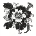 cosmos, marigold, violets and primrose flowers with snake laying in them tattoo design idea