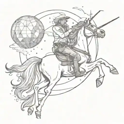 A cowboy riding a unicorn with a disco ball in the sky   tattoo design idea