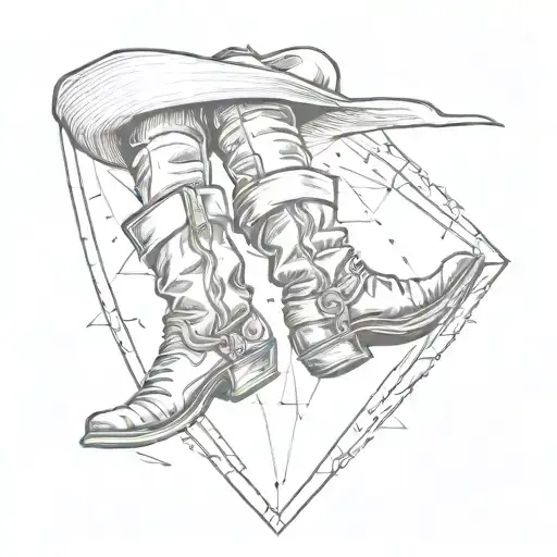 Mens legs with cowboy boots up in the air inside an upside down triangle with a cowboy hat hanging off the top corner  tattoo design idea