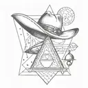 upside down triangle with a cowboy hat hanging off the top corner and a disco ball tattoo design idea
