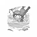 Luffy of one piece, in a beach, looking for a pirate ship  tattoo design idea