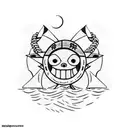 Luffy of one piece, in a beach, looking for a pirate ship  tattoo design idea