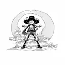Luffy of one piece, in a beach, looking for a pirate ship  tattoo design idea