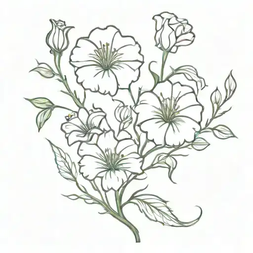 A small fine line flower vine with 2 carnations, 1 morning glory, 1 Lilly of the valley, one rose, 2 daffodils a daisy  tattoo design idea