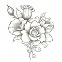 A small fine line flower vine with 2 carnations, 1 morning glory, 1 Lilly of the valley, one rose, 2  tattoo design idea