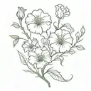 A small fine line flower vine with 2 carnations, 1 morning glory, 1 Lilly of the valley, one rose, 2 daffodils a daisy  tattoo design idea