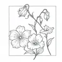 A small fine line flower vine with 2 carnations, 1 morning glory, 1 Lilly of the valley, one rose, 2 daffodils a daisy  tattoo design idea