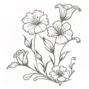 A small fine line flower vine with 2 carnations, 1 morning glory, 1 Lilly of the valley, one rose, 2 daffodils a daisy  tattoo design idea