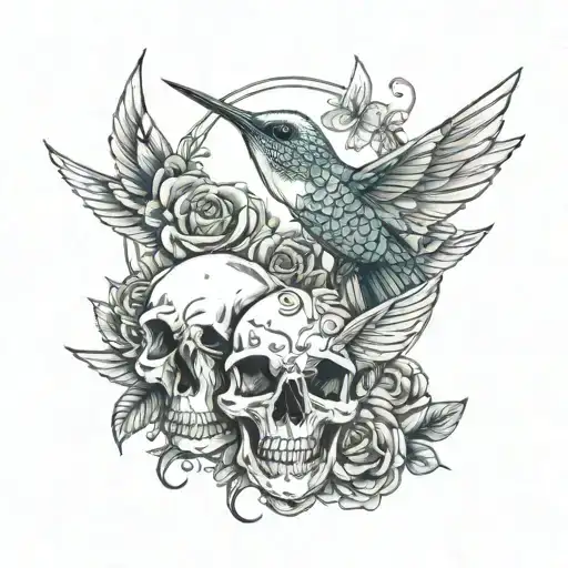hummingbird and skulls tattoo design idea