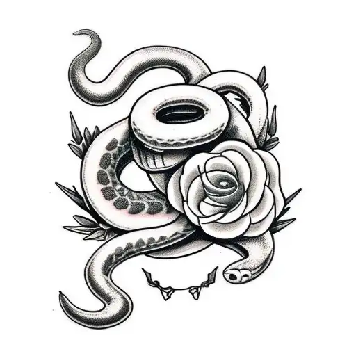 black and grey snake hiding in flowers  tattoo design idea