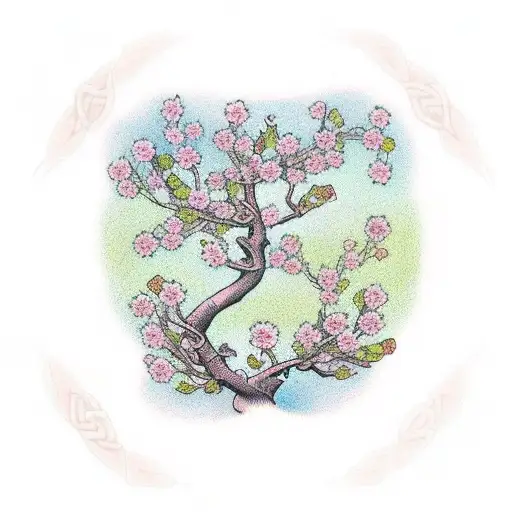 cherry blossom blowing in the wind celtic tree of life tattoo design idea