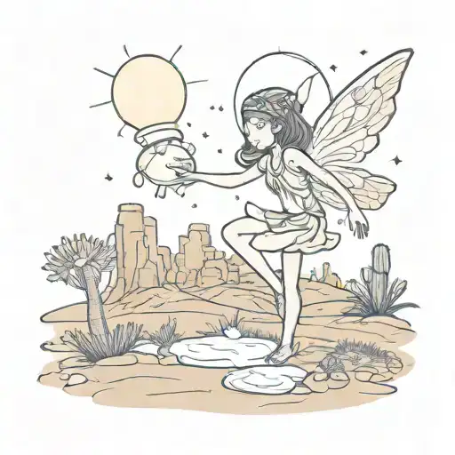 fairy grabbing floating light in desert tattoo design idea