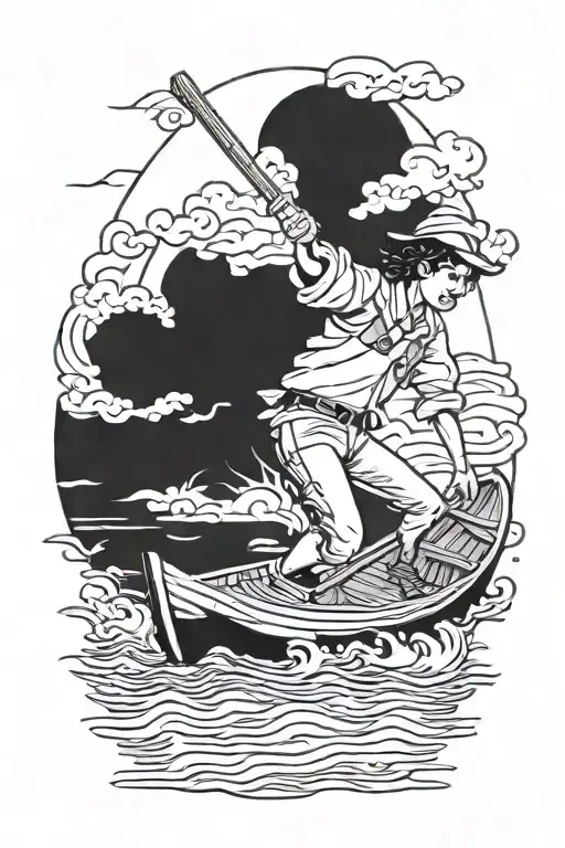 tom sawyer sailing a flat raft floating down a river looking like a page from a book tattoo design idea