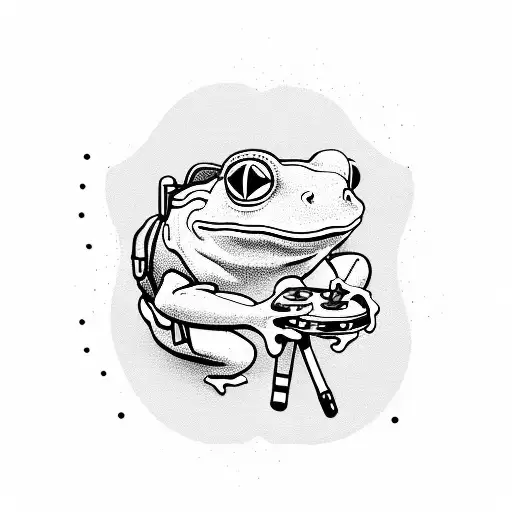 A frog wearing hiking gear and holding a video game controller tattoo design idea
