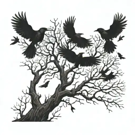 crows flying from dying tree growing tattoo design idea