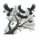 crows flying from dying tree growing tattoo design idea