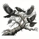 crows flying from dying tree growing tattoo design idea