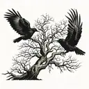crows flying from dying tree growing tattoo design idea