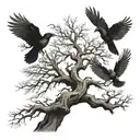 crows flying from dying tree growing tattoo design idea