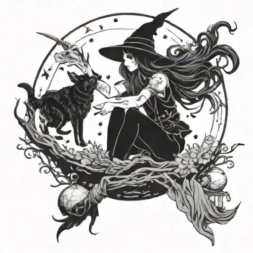 A witch girl casting a spell under a full moon tattoo design idea