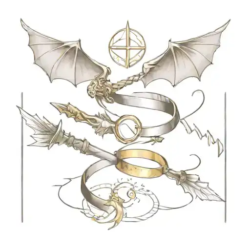 3 books stacked or the last one is opened and comes out a ring of power, dragons, a sword, a golden snitch, velaris tattoo design idea