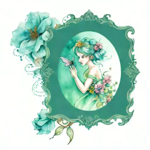 fairy with vintage picture frame covered in flowers tattoo design idea