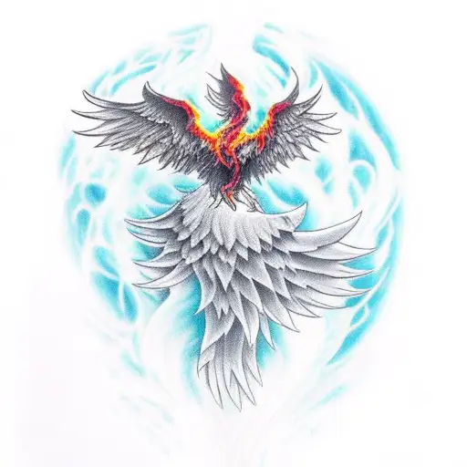 Phoenix rising from an canyon. Phoenix on upper leg, abyss on Lower leg. Black and grey tattoo design idea