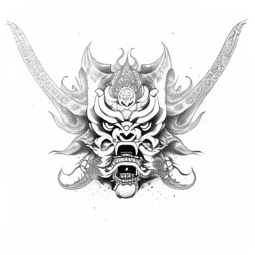 fu dog oni mask sleeve tattoo design idea
