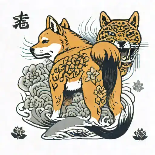 shiba inu, back tattoo, yakuza style, badass, tattoo design idea