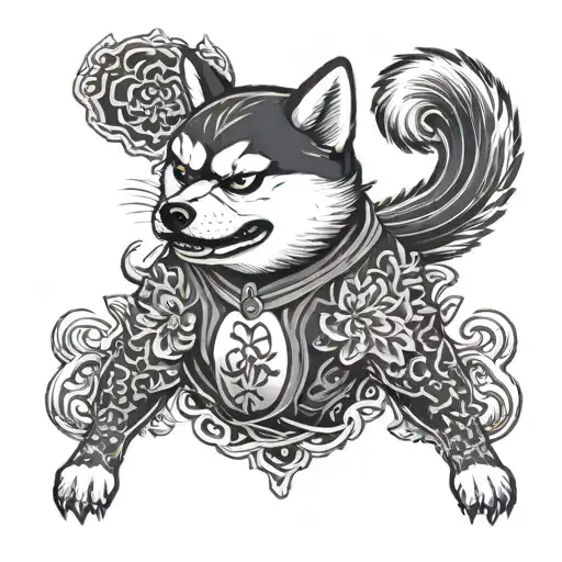 one badass angry shiba inu, back tattoo, yakuza style, tattoo design idea